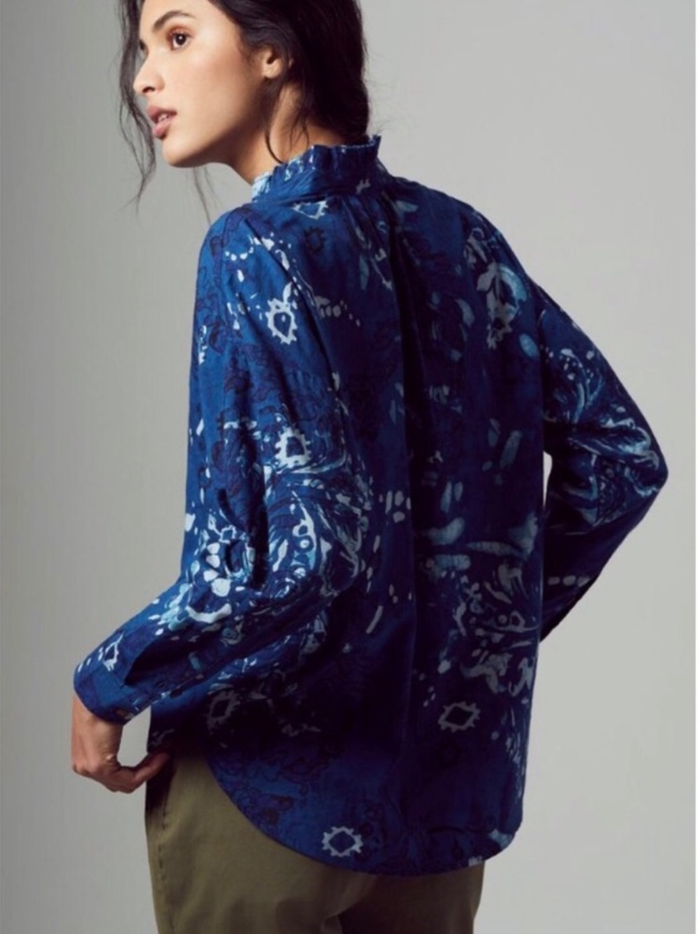 Anthropologie Pilcro The Tavi Ruffled Button Down Blouse Top Blue White Size XL - Picture 6 of 10